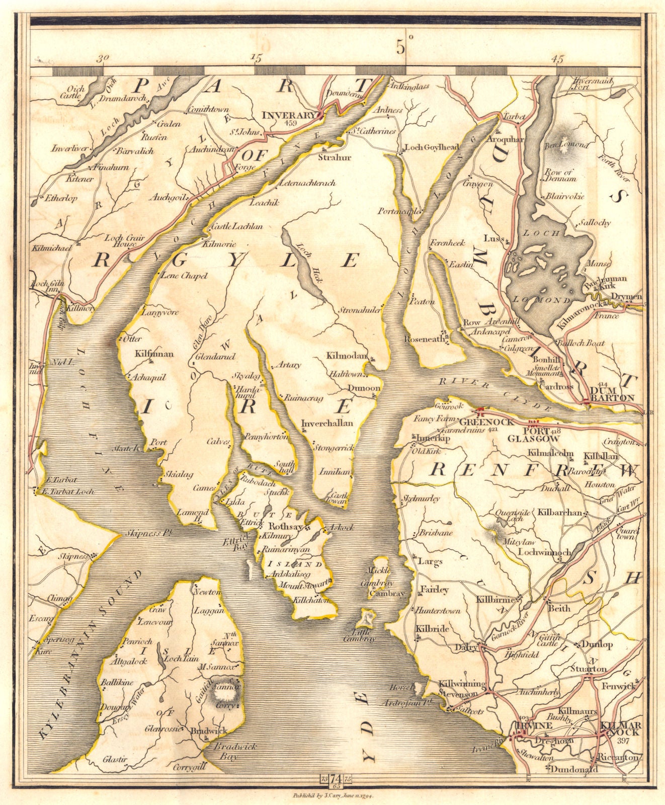 STRATHCLYDE.Loch Lomond Kilmarnock Greenock Irvine Clyde Muirshiel.CARY 1794 map
